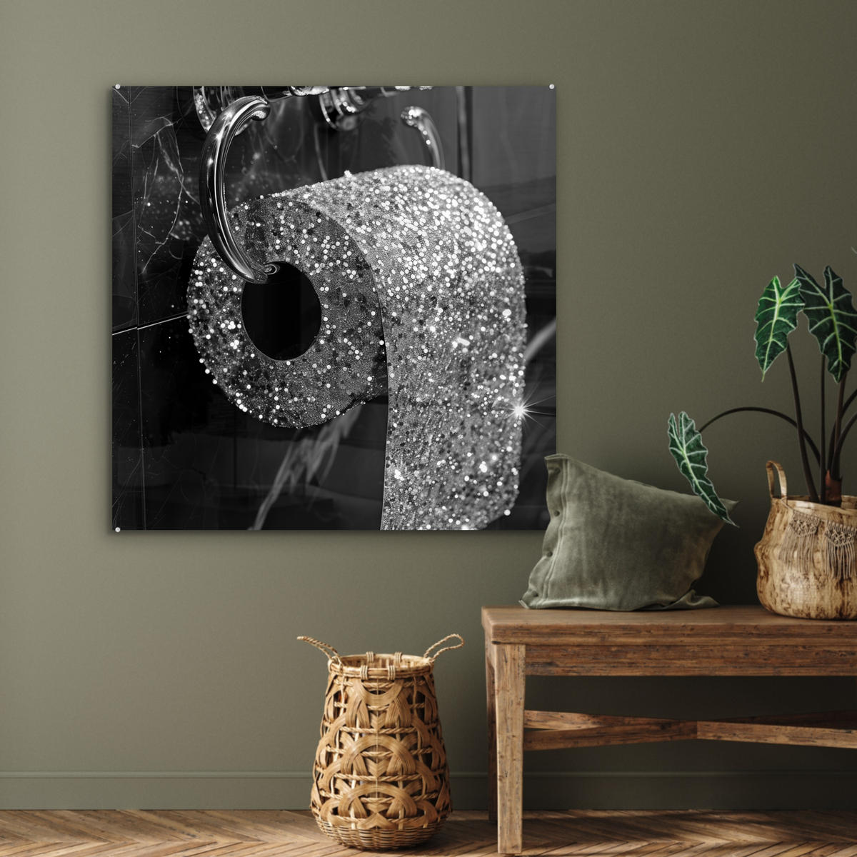 ACRYLGLASBILD WC - Toilettenpapier - Schwarz und weiß - Glitter 90x90 cm - Silberfarben, Glas (90/90cm) - MuchoWow