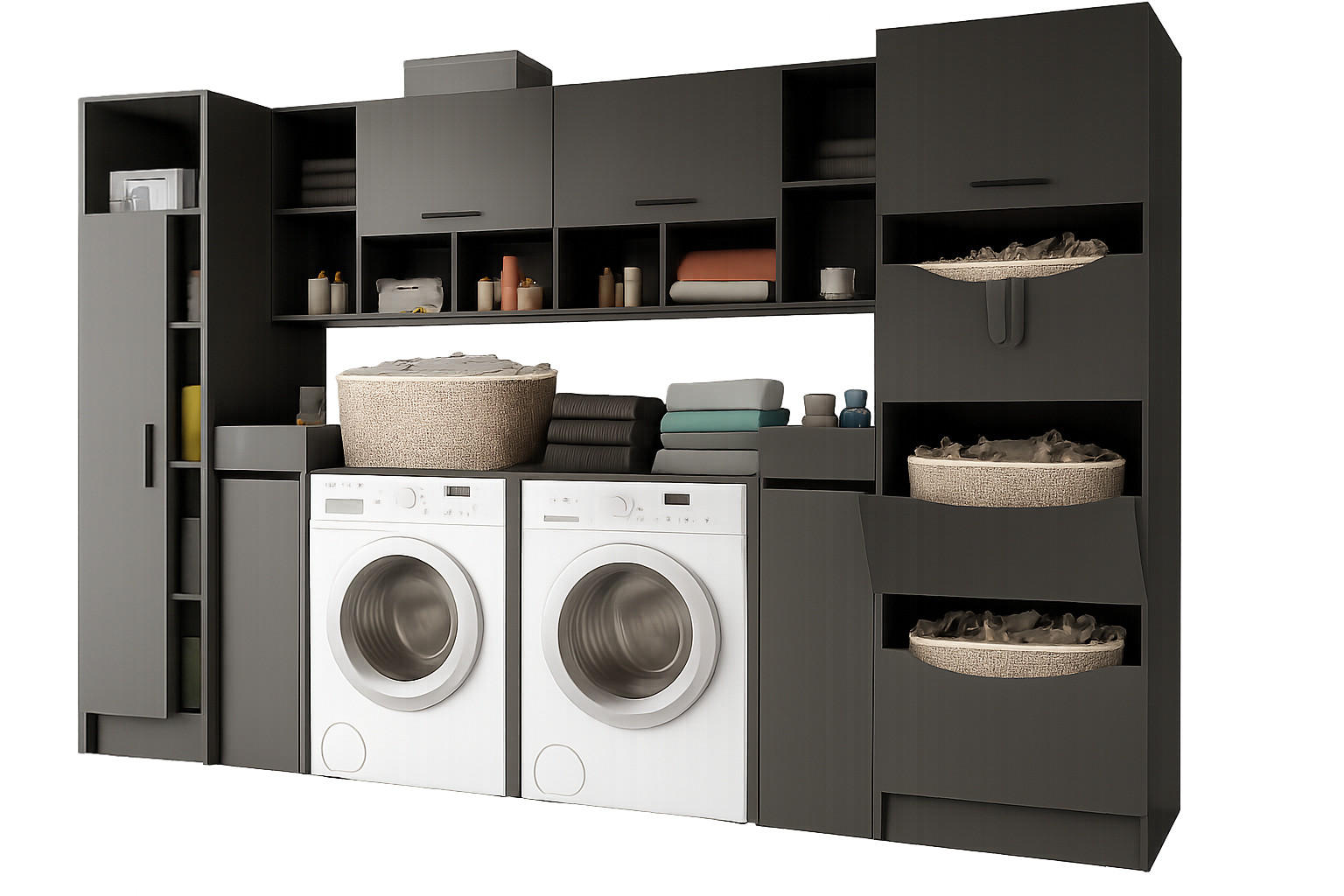 WASCHMASCHINENSCHRANK grau Set 8-teilig 300 x 196 cm, XXXL mit viel Stauraum - Schwarz/Grau, Holzwerkstoff/Kunststoff (300/196/68cm) - Inn.Furn