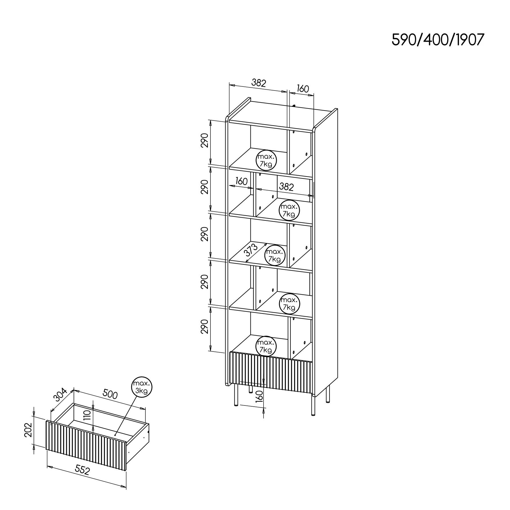 BÜCHERREGAL Piano mit 10 Einlegeboden und 1 Schublade, Mattschwarz + Warmia-Nussbaum - Dunkelbraun/Schwarz, Holzwerkstoff (59/191/40cm) - Beautysofa