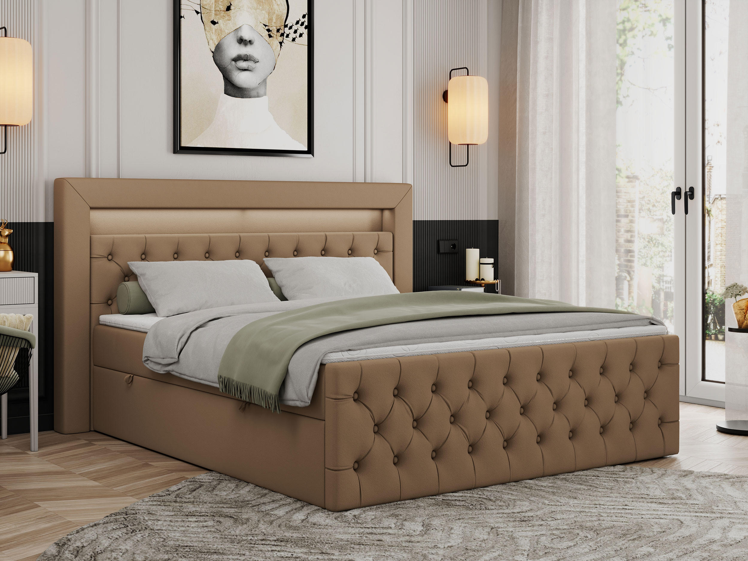 BOXBETT GOLD-9 LED 120/200 Braun Kunstleder - H3 - Braun, Holz/Textil (120/200cm) - MKS