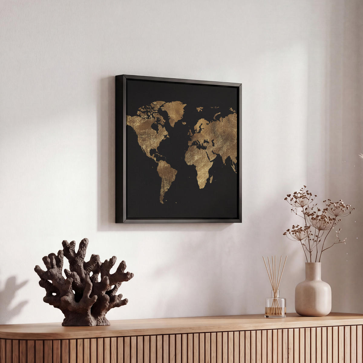 LEINWAND Bilder mit Rahmen - Weltkarte - Gold - Luxus - Erde - Schwarz - 20x20 - Goldfarben, Textil (20/20cm) - MuchoWow