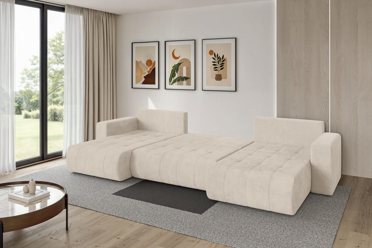 SEDACÍ SOUPRAVA DO U s funkcí spaní a úložným prostorem MILA-U 378x194x86 béžová manšestr - černá/béžová, kompozitní dřevo/textil (378/86/194cm) - ALTDECOR