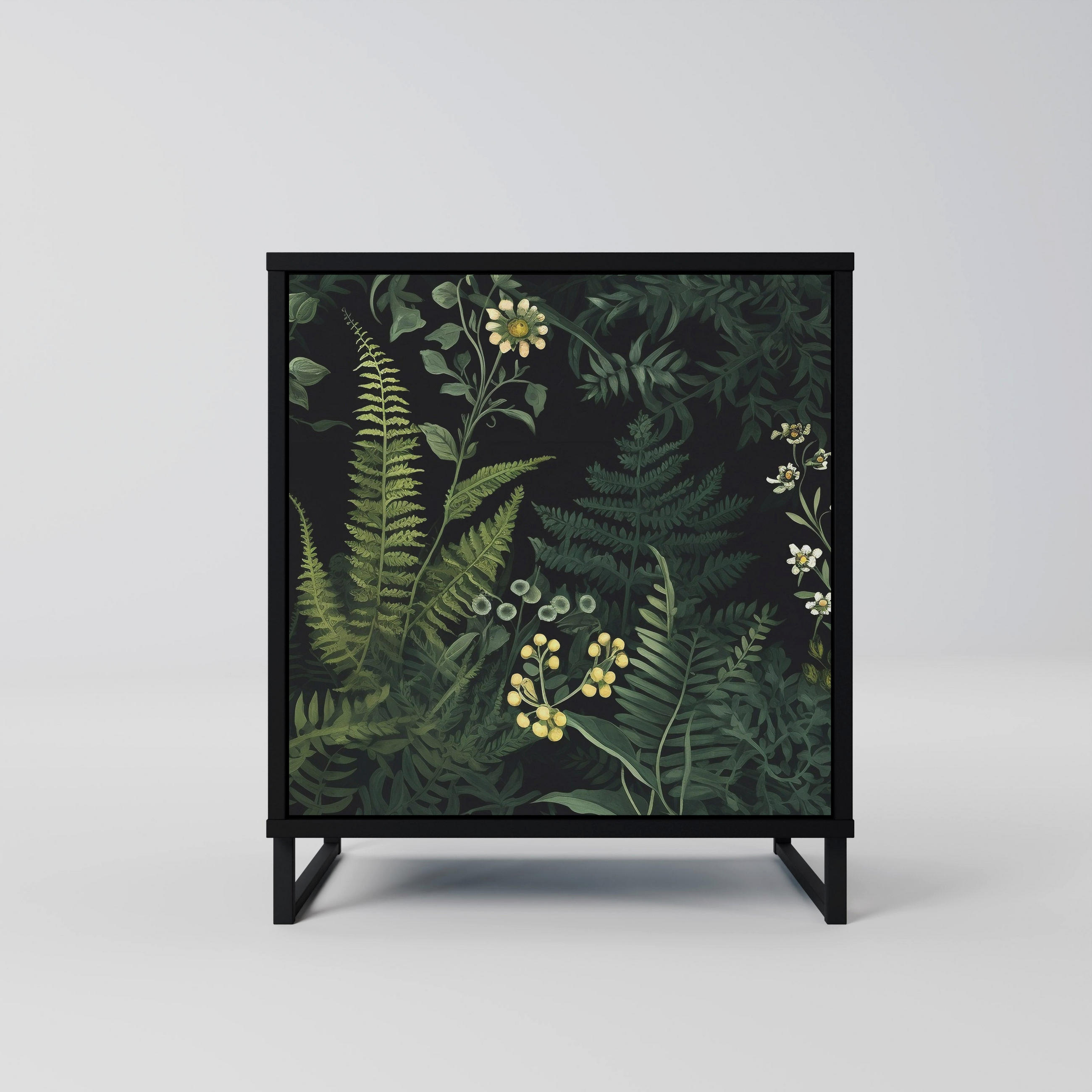 SIDEBOARD FERN FLOWERS, Schwarz, 57,5x42x67,5 cm, Schwarze Metall-Rahmenfüße - Multicolor/Schwarz, Holzwerkstoff/Metall (57.5/67.5/42cm) - SpaceRebels