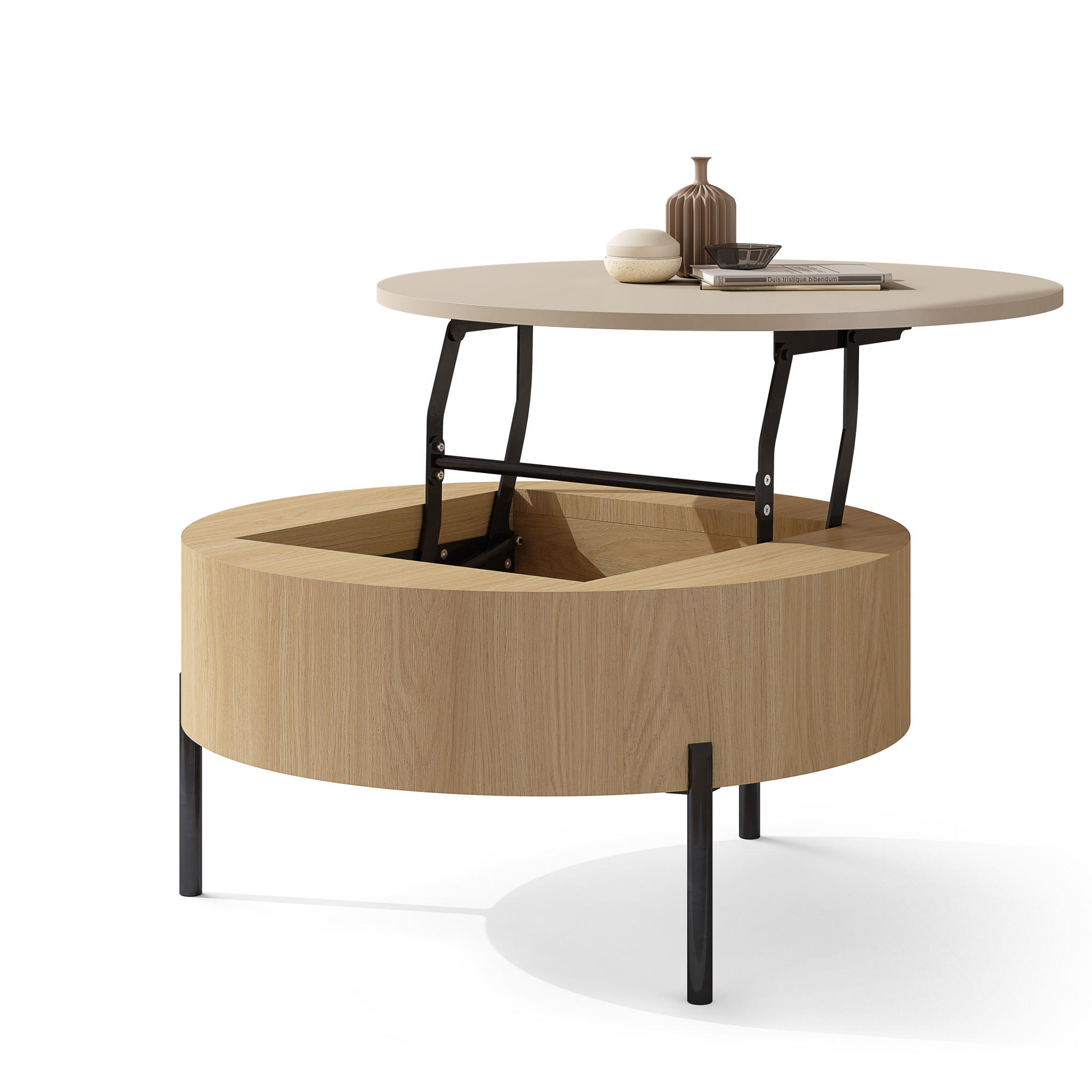 COUCHTISCH rund aufklappbar höhenverstellbar Stauraum 79/79/42 cm - Eichefarben/Beige, Holzwerkstoff (79.5/79.5/42.7cm) - designimpex