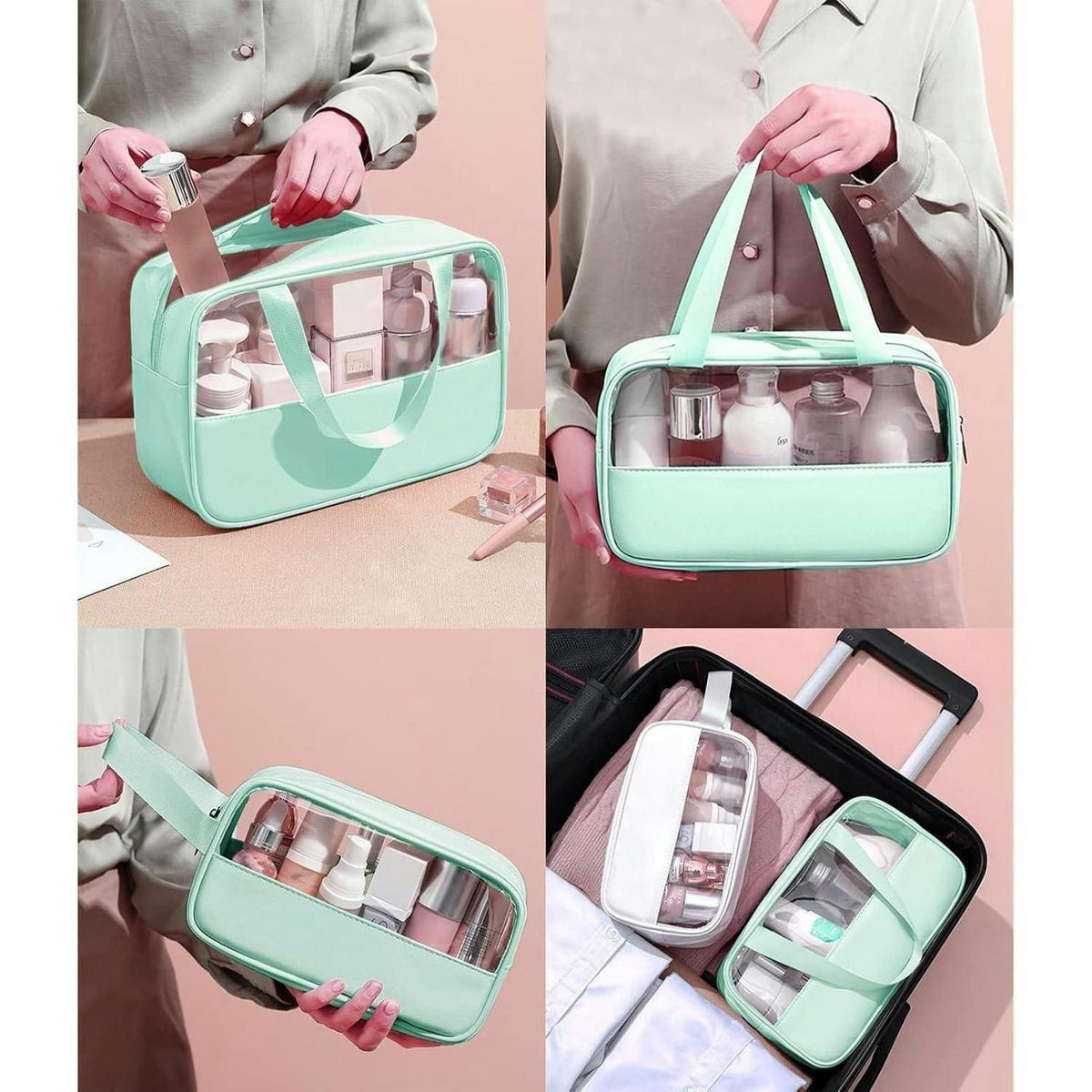 KULTURTASCHE 3-teiliges Set Transparent Grün - Grün, Kunststoff (7/21/30cm)
