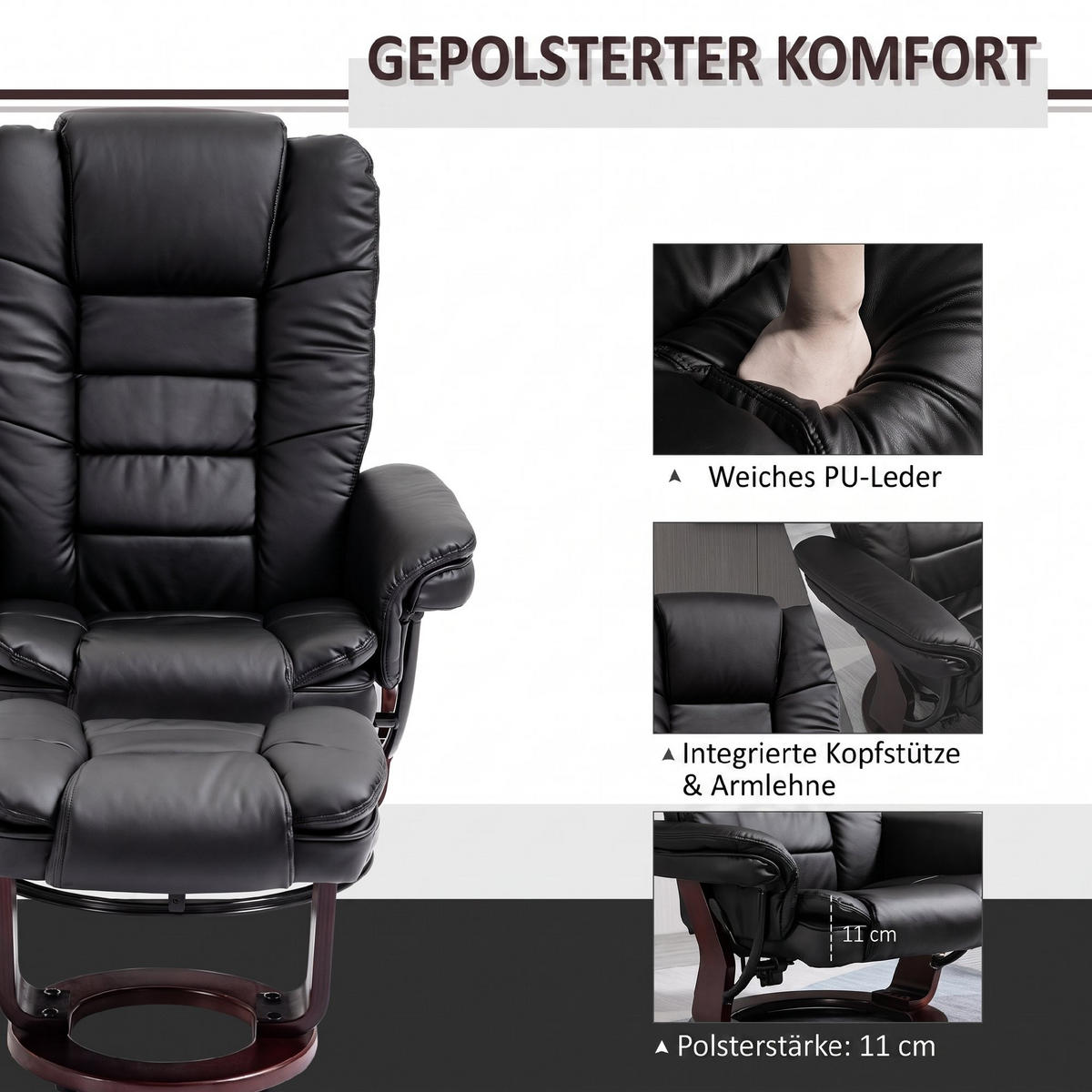 RELAXSESSEL mit Hocker 360°Drehbarer Fernsehsessel mit Liegefunktion Kunstleder - Schwarz/Braun, Leder/Holz (82/106/85cm) - HOMCOM