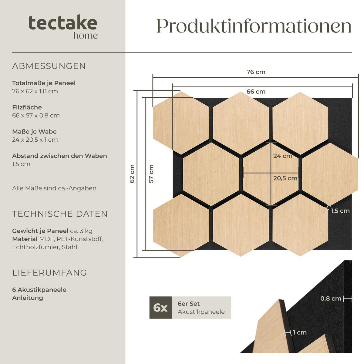 AKUSTIKPANEELE Sonic Shield, je 76 x 62 x 1,8 cm, Größe flexibel anpassbar, Eiche - Eichefarben, Holz (62/1.8/76cm) - tectake