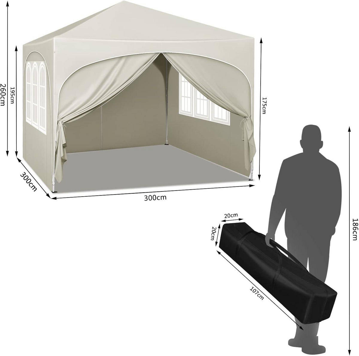 PAVILLON, Faltpavillon 3x3 m, mit 4 Seitenwänden, Grau - Beige, Metall (300/260/300cm) - Woltu