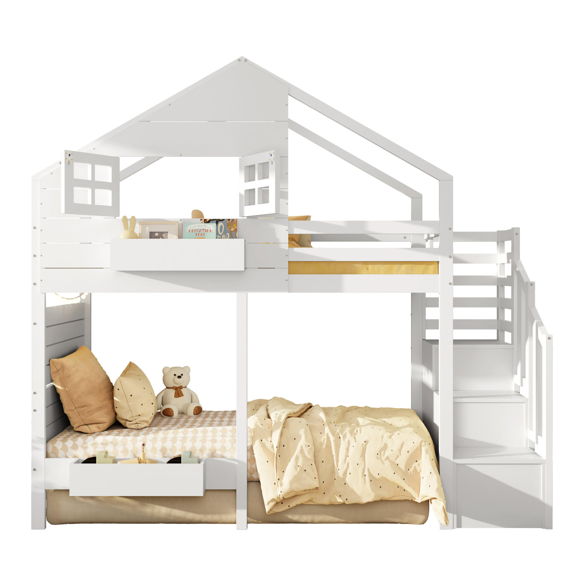 ETAGENBETT 90/200 cm Weiß aus Kiefer Massivholz mit Stauraumtreppe und Fenster - Weiß, Holzwerkstoff (90/200cm) - OKWISH