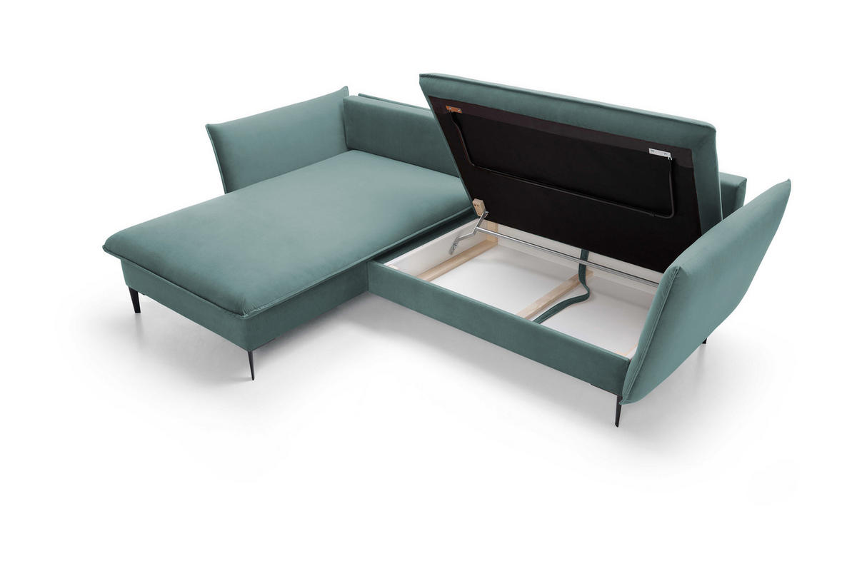 ECKSOFA GLOSS mit Schlaffunktion, Ottomane & goldenen Füßen – Samtsofa im GLOSSour-Stil mit Zierkissen, 258x167x91cm, Linke, BLAU - Hellgrau, Holz/Textil (167/258cm) - DomoHome