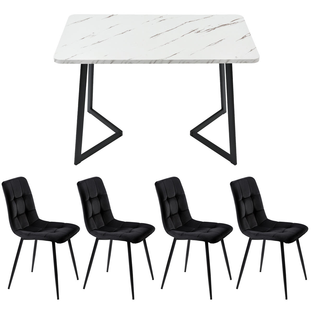 ESSTISCHSET mit 4 Stühlen, rechteckig, schwarz, Samt - Schwarz, Holzwerkstoff (117/75/68cm) - FLIEKS