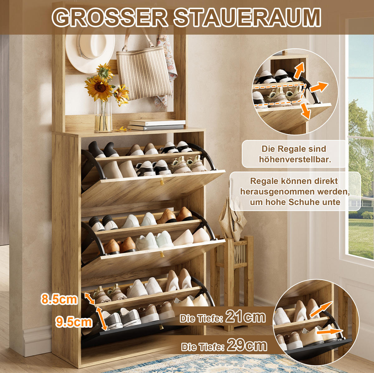 SCHUHSCHRANK 75/24/180 cm Schwarz/Natur aus Spanplatte mit Haken - Schwarz, Holzwerkstoff (24/180/75cm) - OKWISH