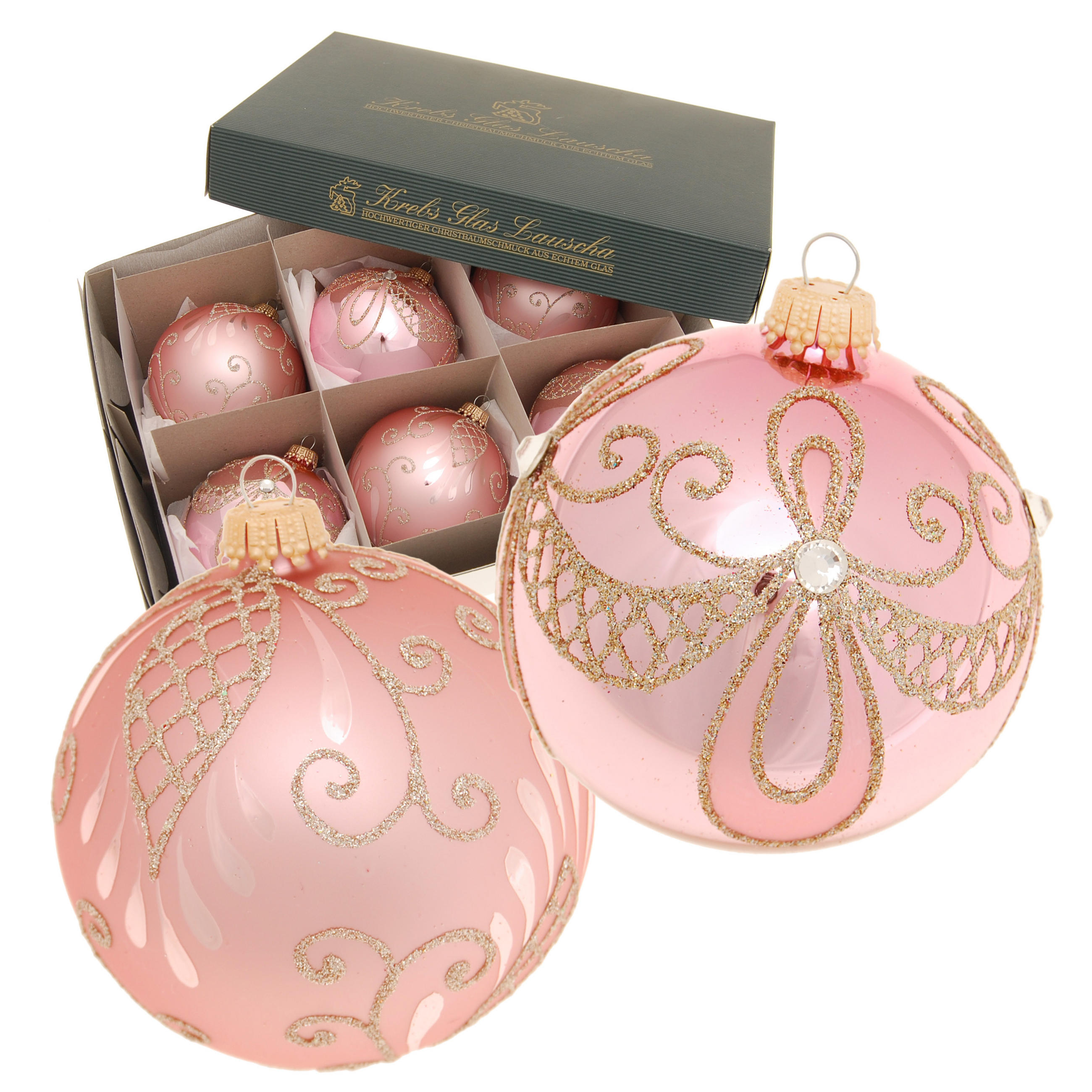 CHRISTBAUMKUGELN Floral Barock mit Strass Rosa 8cm (Glas / 6 Stk.) - Rosa, Glas (8/8/8cm) - Krebs Glas Lauscha