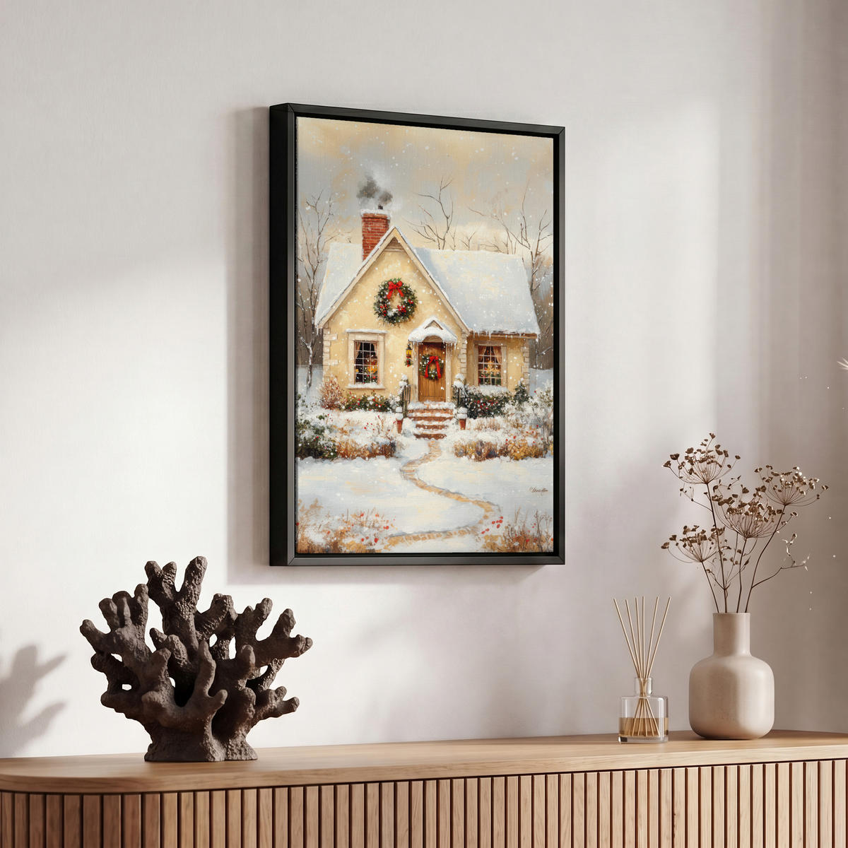 LEINWAND Bilder mit Rahmen - Weihnachten - Zuhause - Winter - Schnee - 20x30 - Creme, Textil (20/30cm) - MuchoWow