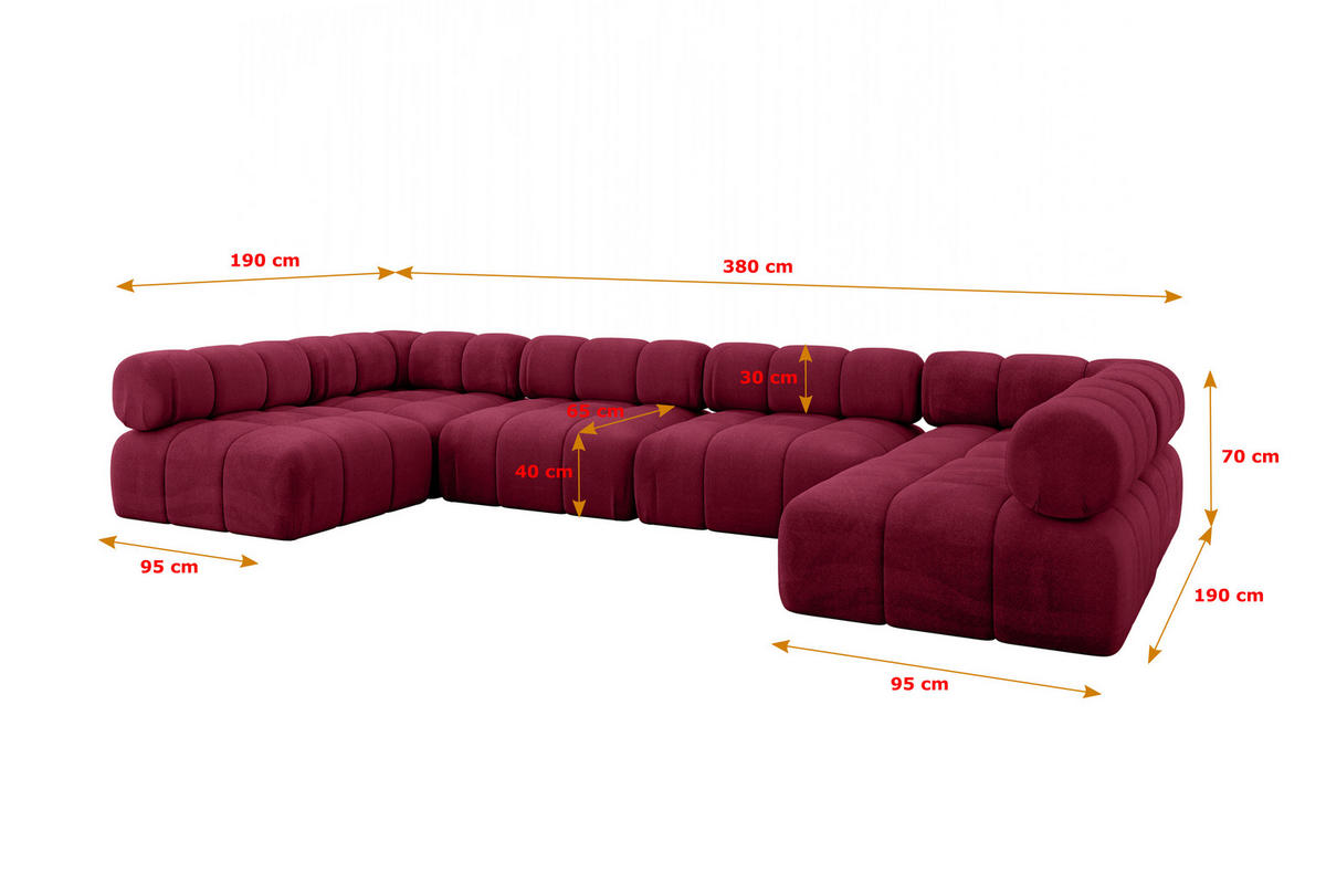 WOHNLANDSCHAFT modulares Sofa Garvo-U2 - 380x190x70 cm Bordeauxrot Velours - Bordeaux, Holzwerkstoff/Textil (380/70/190cm) - ALTDECOR