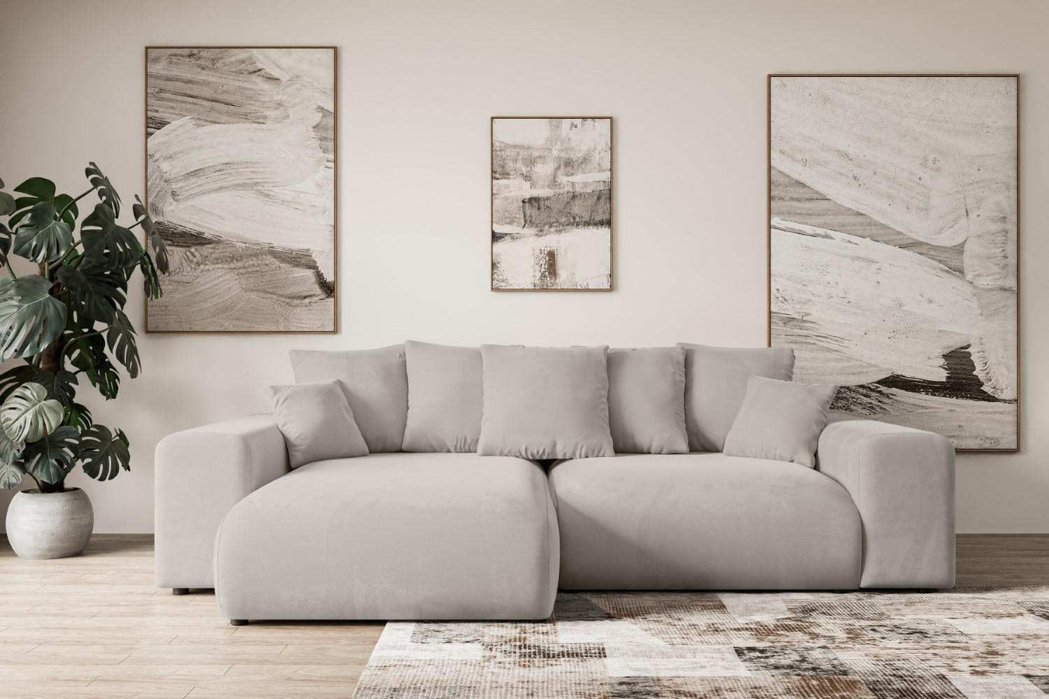 ECKSOFA mit Schlaffunktion und Bettkasten ESKAR-L 256x165x84cm Hellbraun Velours - Hellbraun/Schwarz, Holzwerkstoff/Kunststoff (165/256cm) - ALTDECOR