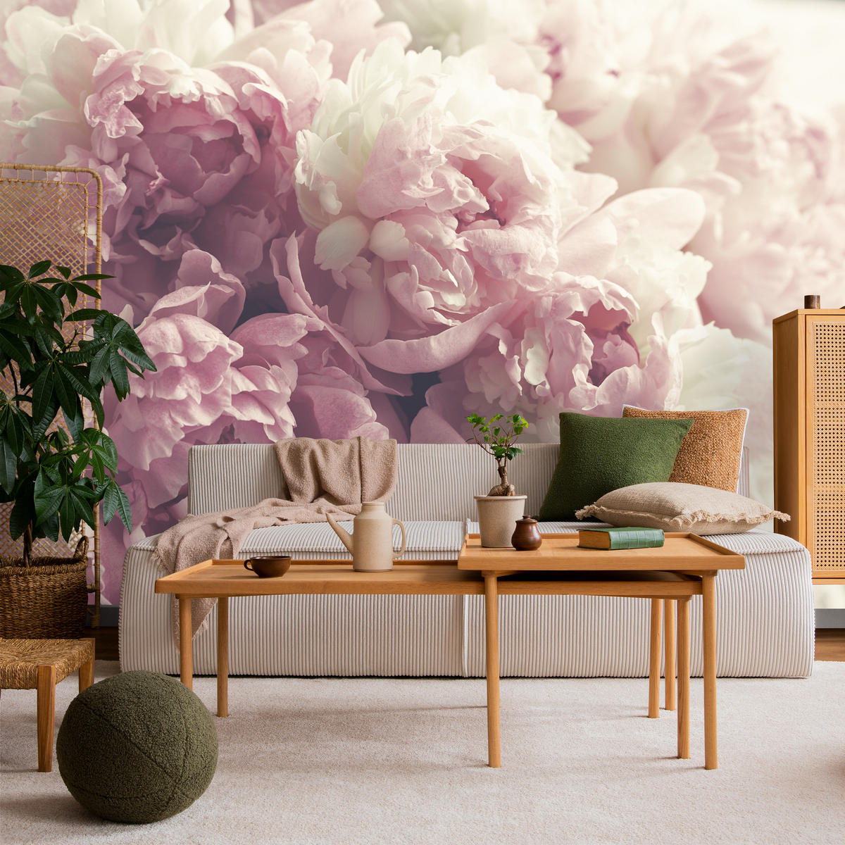 FOTOTAPETE Vintage-Pfingstrosen Blumen 3D 300x210 - Beige/Rosa, Papier (300/210cm) - Muralo