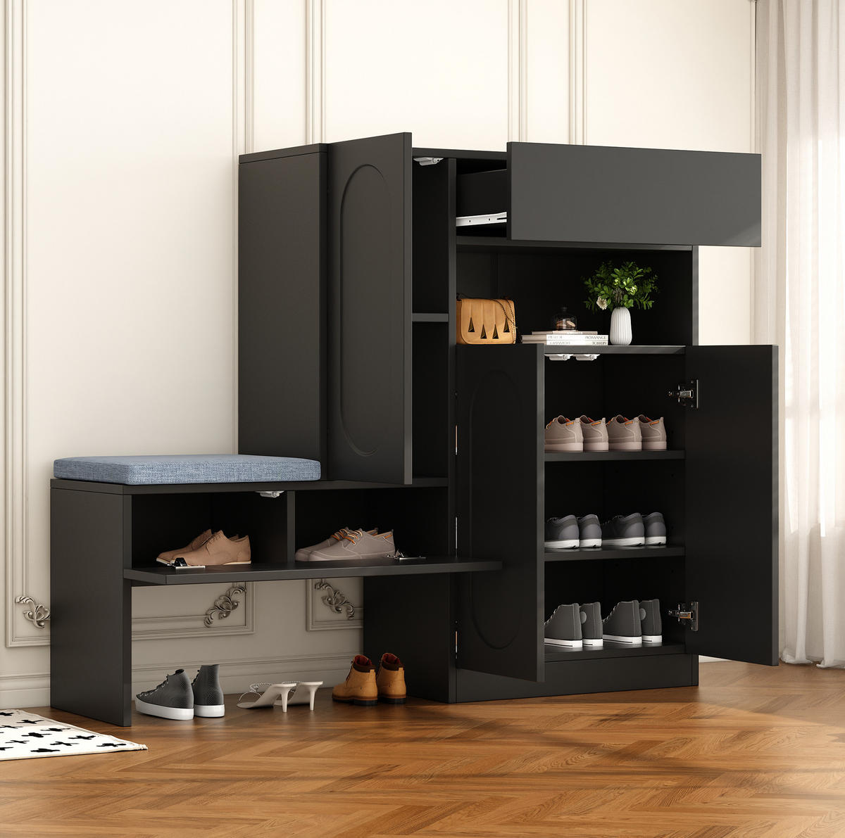 SCHUHSCHRANK aus Spanplatte 130x35x110cm in Schwarz mit Sitzbank - Schwarz, Holzwerkstoff (130/110/35cm) - Modfu