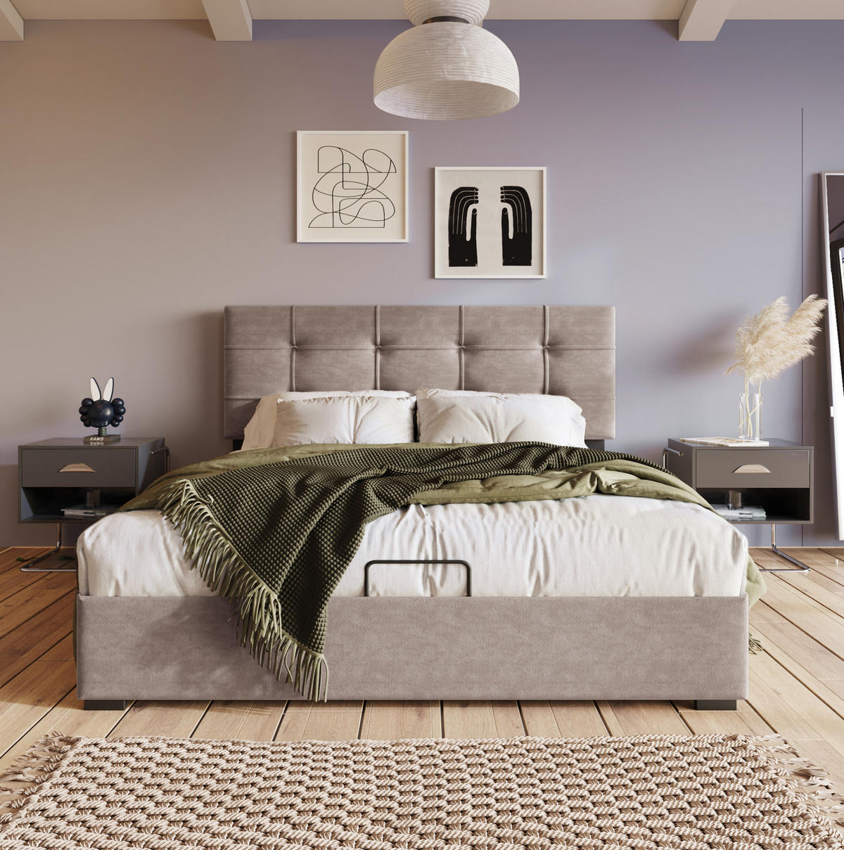 SAMT-POLSTERBETT 140/200 cm mit Bettkasten und verstellbarem Kopfteil - Hellgrau, Textil (140/200cm) - BEAOK