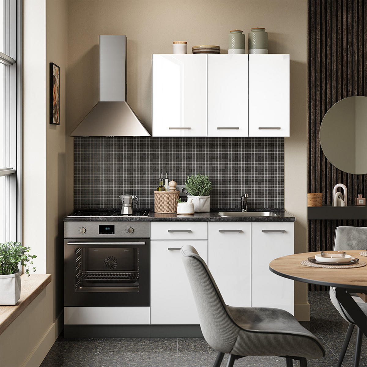 SINGLEKÜCHE R-Line Weiß Hochglanz/Anthrazit 160 cm mit Herdumbauschrank und Spüle mit AP - Weiß Hochglanz/Anthrazit, Holzwerkstoff (160/81.6/46cm) - Vicco