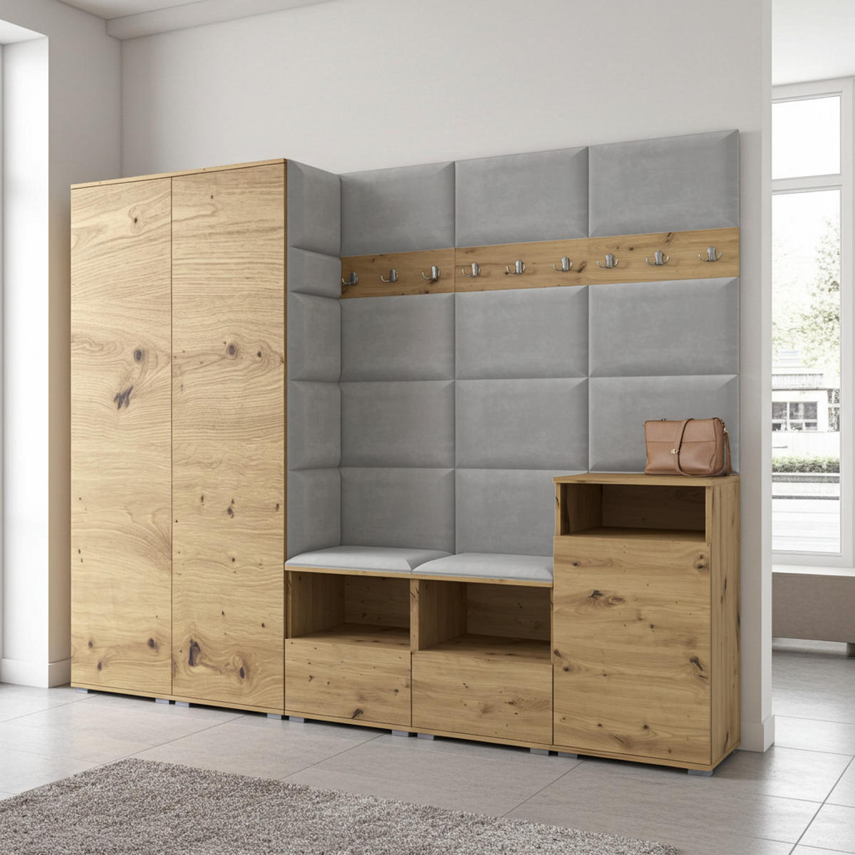 GARDEROBE NELA VIII 250 cm (Modulare Flurmöbel Artisan Eiche mit Sitzpolster Hellgrau 32 2 Schränke + Sideboard) - Silberfarben/Hellgrau, Holz/Holzwerkstoff (250/187/40cm) - Ravio