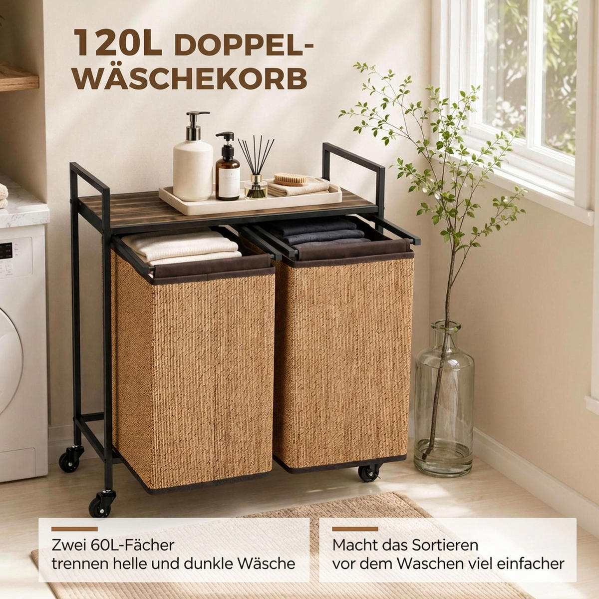 WÄSCHEKORB Stahl Bambus Braun - Braun, Holz (33/78/73cm) - HOMCOM