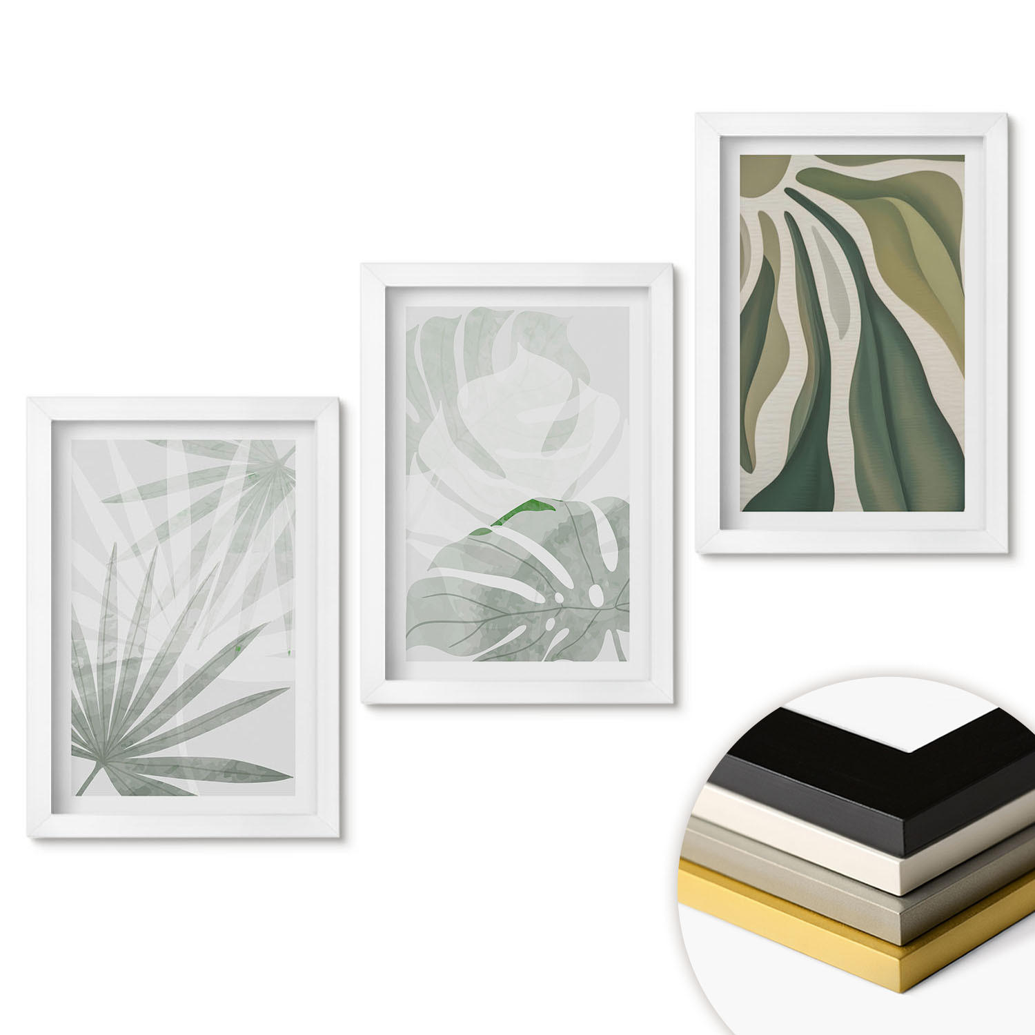 WANDBILDER 3er-Set - 20x30 cm Weißer Rahmen - Blätter von Pflanzen in Grün und Grau - Weiß, Kunststoff (20/30cm) - ArtPrintCave