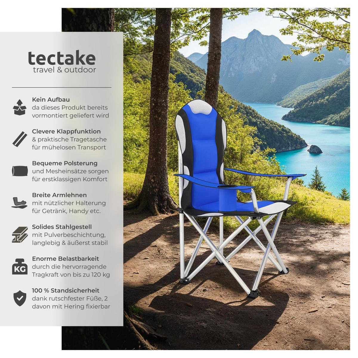 CAMPINGSTUHL, 60 x 88 x 110 cm, blau - Blau, Textil (88/110/60cm) - tectake