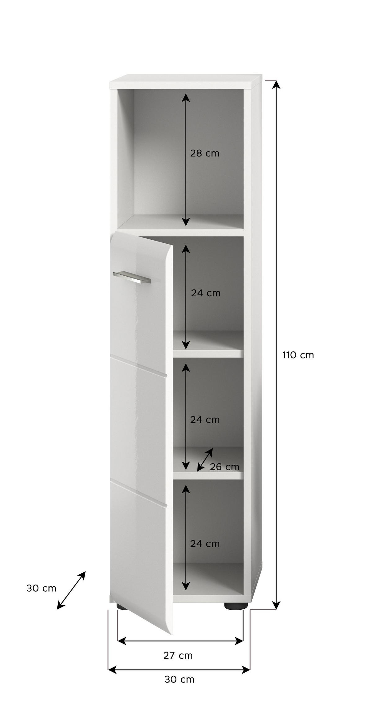 STANDSCHRANK hoch Ice Bad in weiß Nachbildung und weiß hochglanz B/H/T: 30x110x30 cm - Weiß, Holz (30/110/30cm)