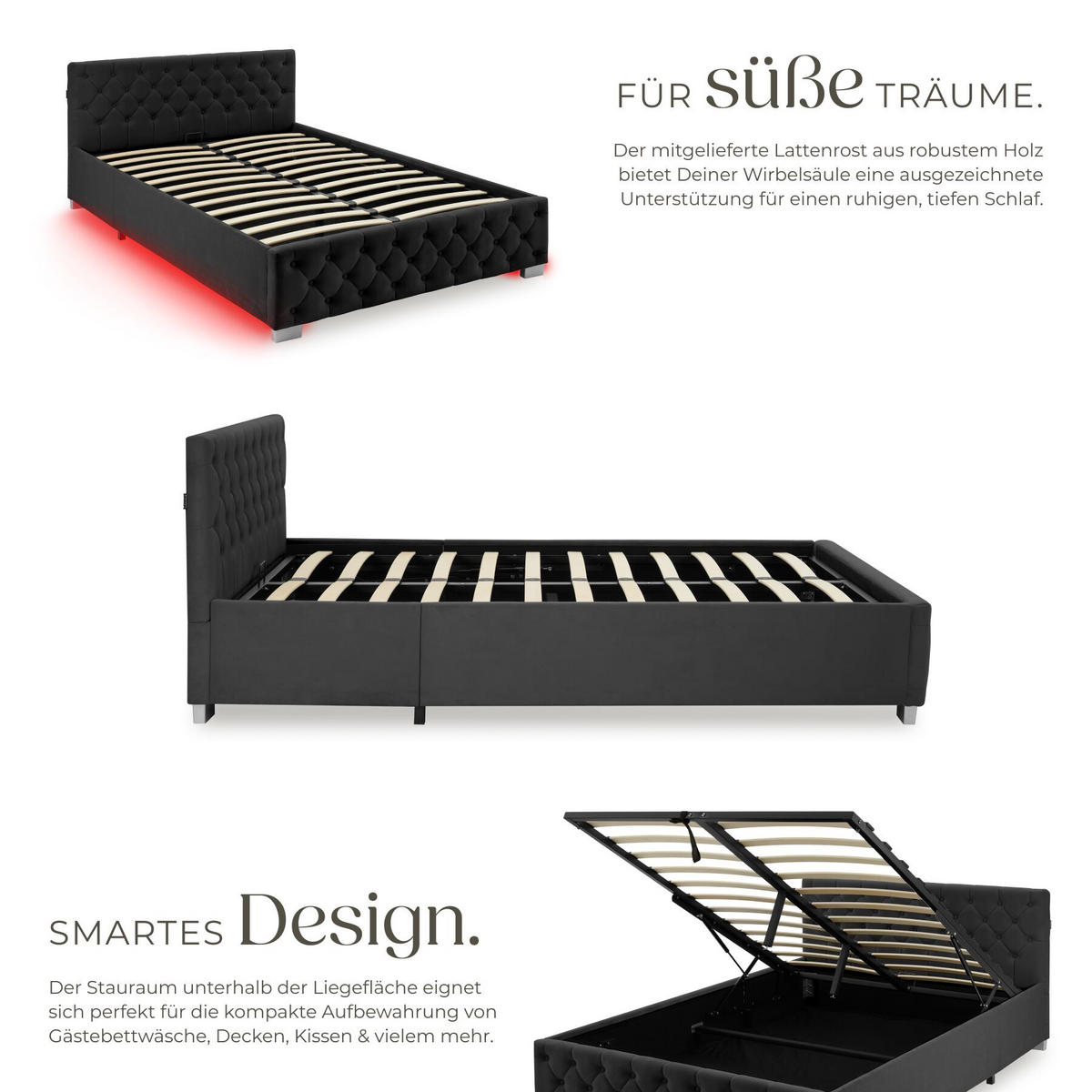 POLSTERBETT Venice, großer Stauraum, Samtoptik schwarz - Schwarz/Samtahornfarben, Holz (140/200cm) - tectake