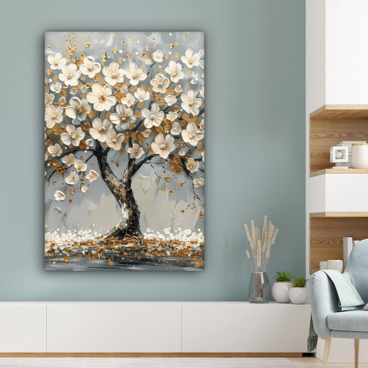 LEINWANDBILD Baum - Blumen - Weiß - Natur - Kunst 80x120 cm - Weiß, Textil (80/120cm) - MuchoWow