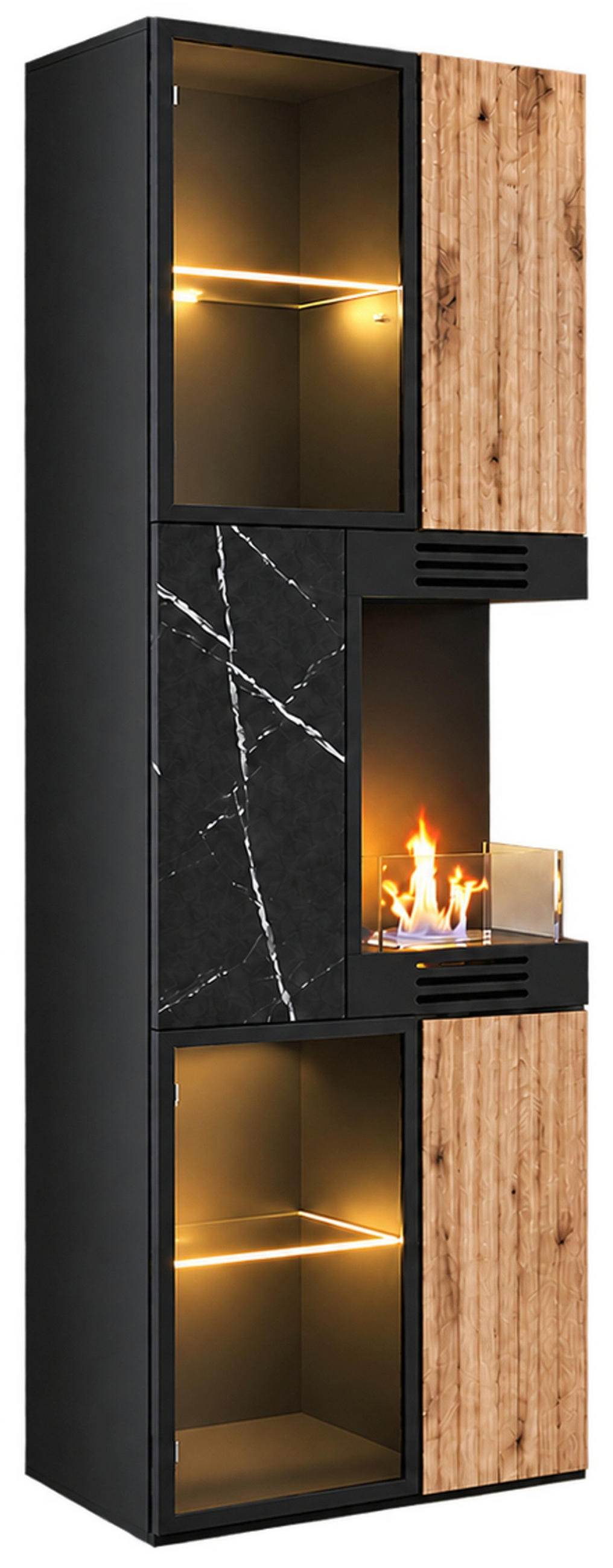 VITRINE schwarz, Vicking Eiche und Marmor schwarz 60 x 182 cm, Vitrinenschrank inklusive Ethanol Kamin - Eichefarben/Schwarz, Glas/Holzwerkstoff (60/182/37cm) - Inn.Furn