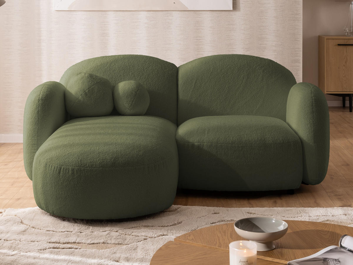 ECKSOFA Nuvola mit abgerundetem Design Grün Bouclé-Stoff - Ottomane Links - Schwarz/Grün, Holz/Kunststoff (190/146cm) - S-Style Möbel