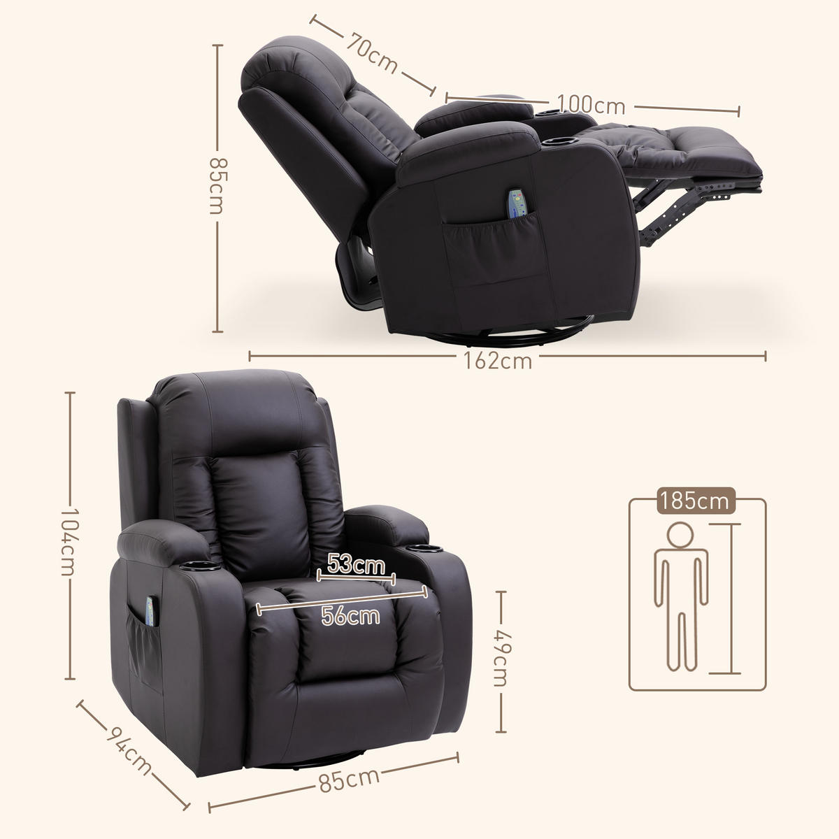 MASSAGESESSEL Kunstleder Braun - Braun, Leder (94/104/85cm) - HOMCOM