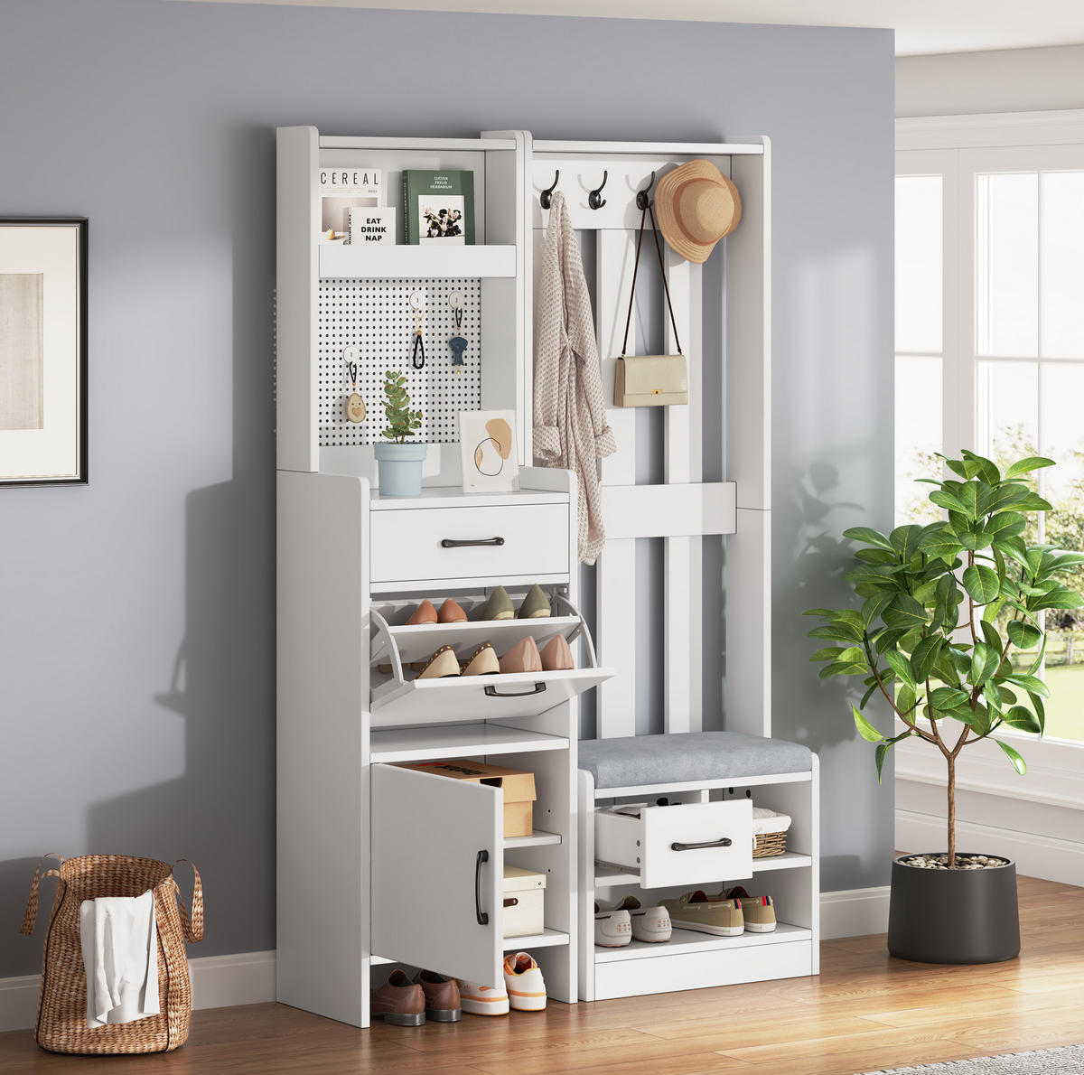 GARDEROBE 7-in-1 mit Schuhbank 110 x 35 x 175,5 cm Spanplatte White - Weiß, Holzwerkstoff (35/175.5/110cm) - Beauniv