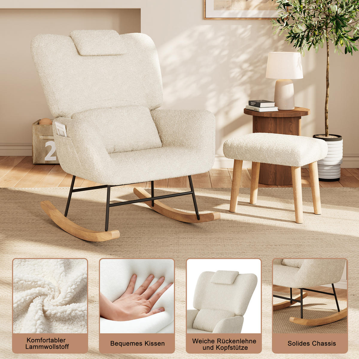 SCHAUKELSTUHL mit Hocker, Beige ,Lendenkissen, Kopfstütze, Seitentaschen und Massivholzsockel, Lammwolle Stoff-für Wohnzimmer, Schlafzimmer - Ecru, Holz/Metall (75/42/93cm) - BursDany