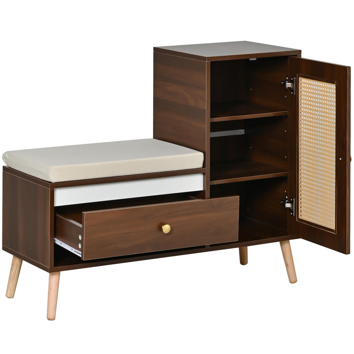 SCHUHSCHRANK in Holz-Optik – Schuhschrank mit Rattan-Tür & Sitzkissen - Walnussfarben, Holzwerkstoff (95.5/80.5/35cm) - Urban Meuble