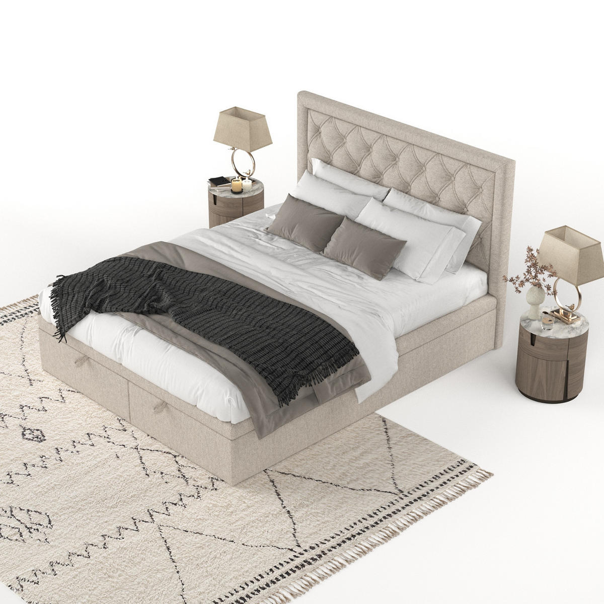 POLSTERBETT Nicobar mit Stauraum 200/200 cm Hellbeige im Megan Stoff - Sandfarben/Schwarz, Holz/Holzwerkstoff (200/200cm) - AltaBeds