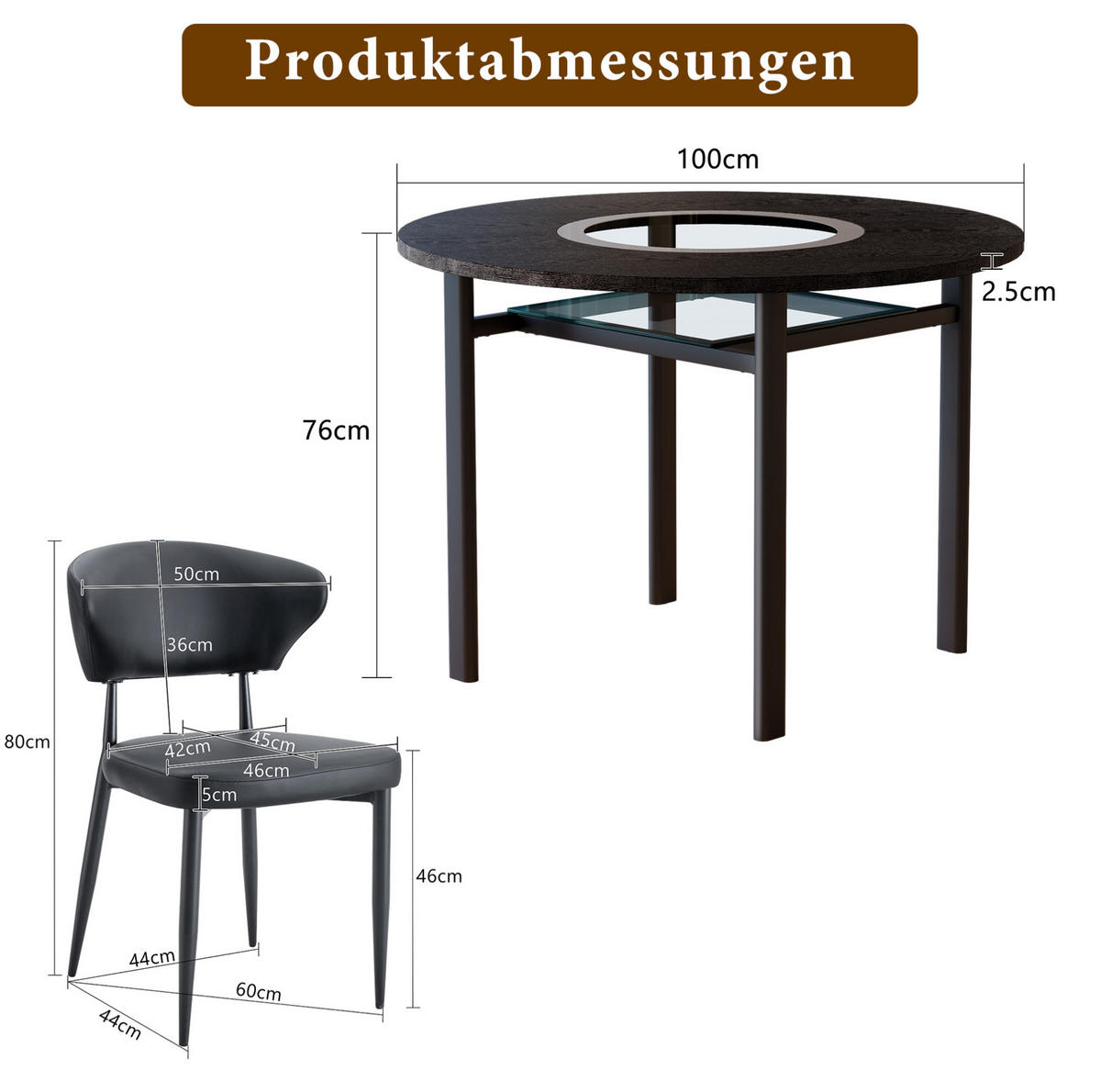 ESSTISCH-SET 100 cm Schwarz mit 4 Stühlen - Schwarz, Metall (100/76/100cm) - Meubliv