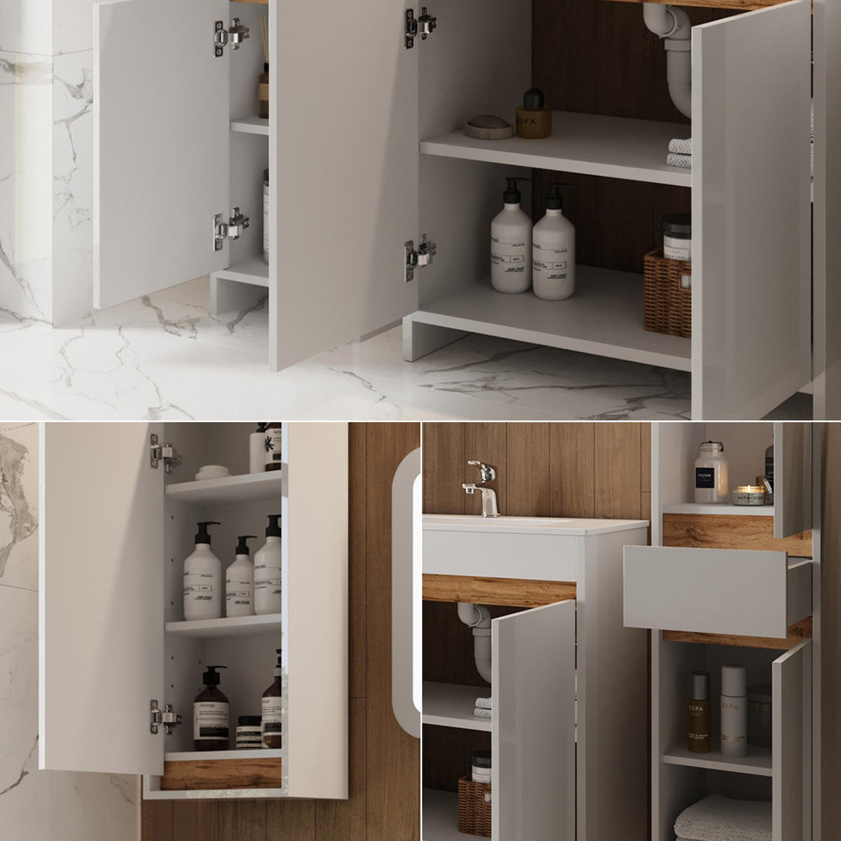 BADMÖBEL-SET Lemgo Weiß Hochglanz 5er-Set - Honigeiche/Weiß Hochglanz, Holzwerkstoff (79.8/81.9/40cm) - Vicco