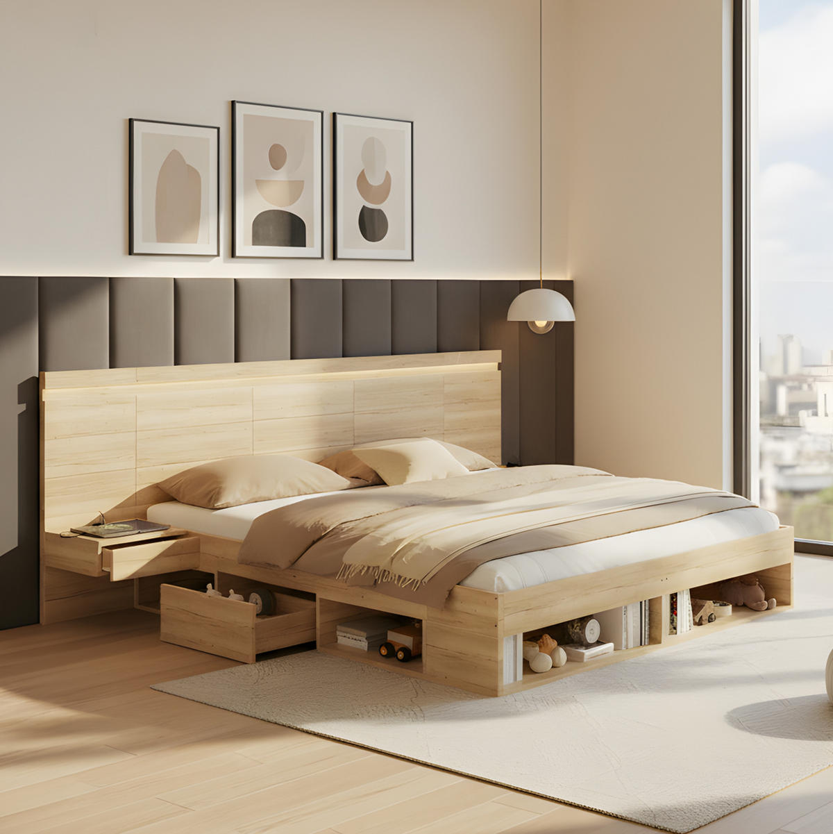MANŽELSKÁ posteľ z MDF 180x200 cm prírodná s LED osvetlením, USB a USB-C nabíjaním, úložným priestorom - prírodná farba, kompozitné drevo (180/200cm) - Modfu