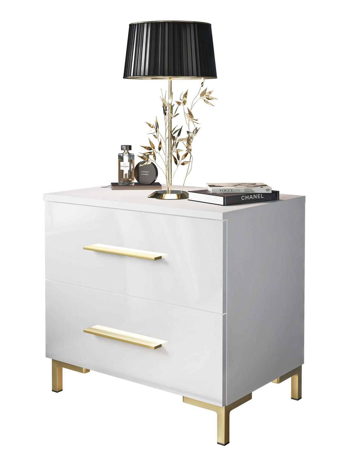 NACHTTISCH LINA GOLD mit Beinen, Hochglanz - Weiß, Holzwerkstoff (55/52/37cm) - Lookway