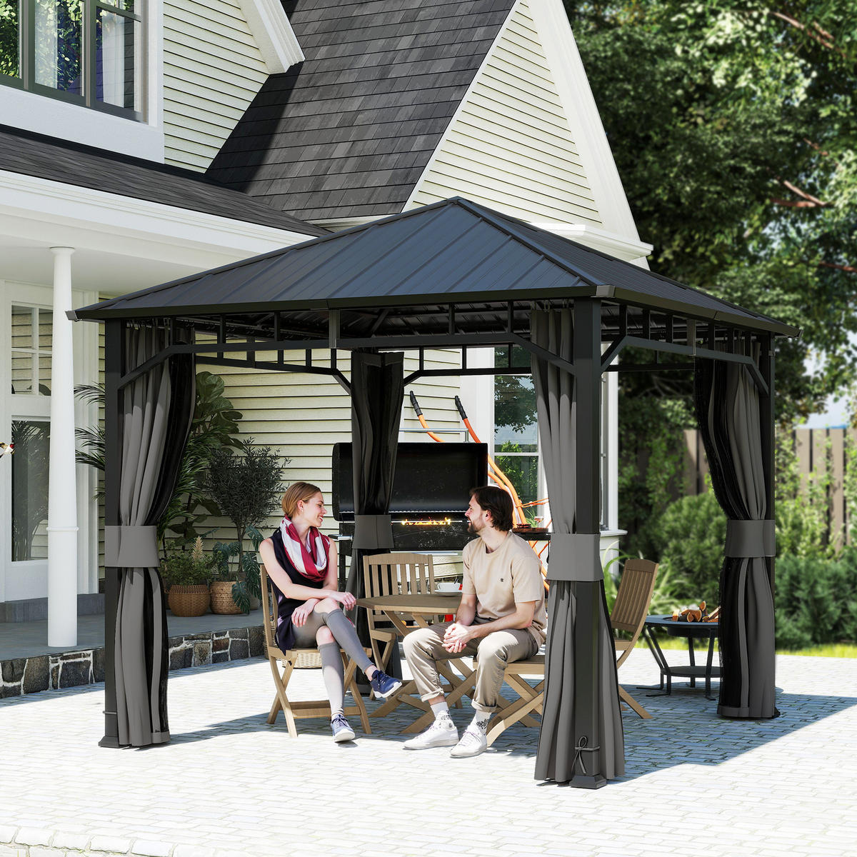 PAVILLON mit Seitenteile Wasserdicht Dunkelgrau 3 x 3 m - Dunkelgrau/Schwarz, Textil/Metall (300/290/300cm) - Outsunny