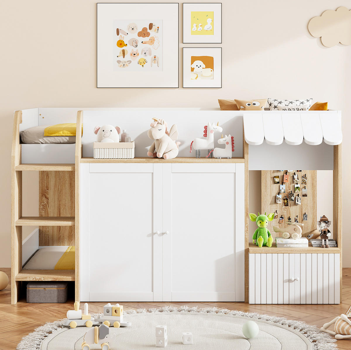 HOCHBETT 90/200 cm Weiß/Natur aus Holz mit Hausrahmen und Stauraum - Weiß, Holzwerkstoff (90/200cm) - OKMYHOME
