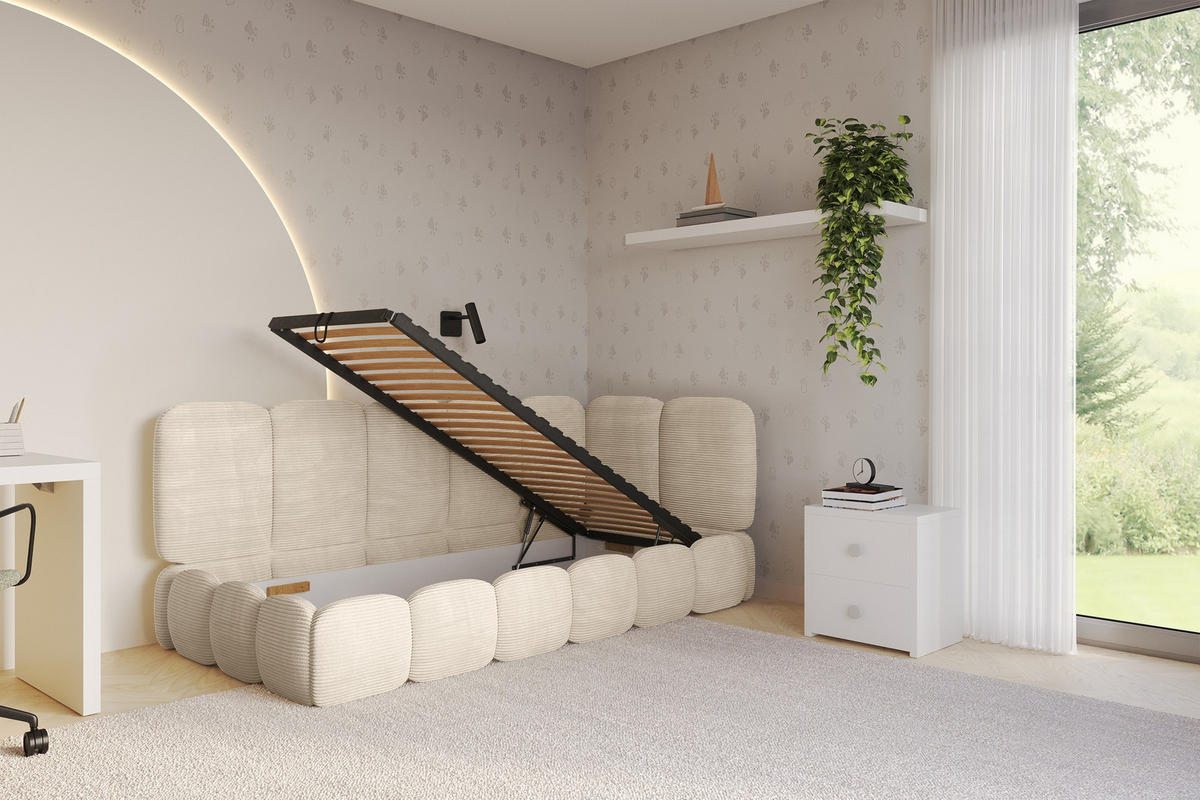EINZELLBETT Jugendbett mit Bettkasten, Links - AVRY 100x200 Beige - Beige/Creme, Holzwerkstoff/Textil (100/200cm) - ALTDECOR