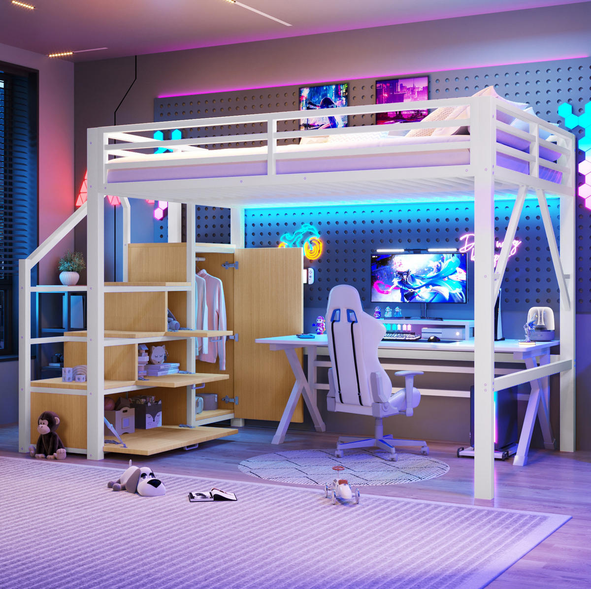 HOCHBETT 140/200 cm Weiß mit LED und Kleiderschrank - Weiß, Metall (140/200cm) - MIVRAY