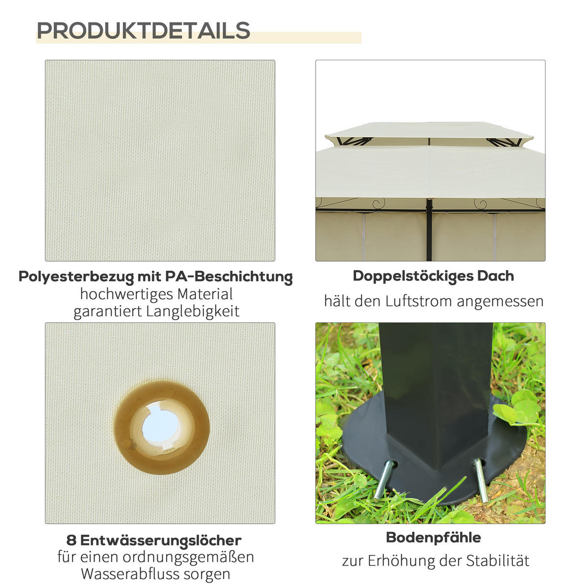 PAVILLON, Beige+Schwarz, Stahl, 180g/m² Polyester - Beige, Metall (300/280/400cm) - Outsunny