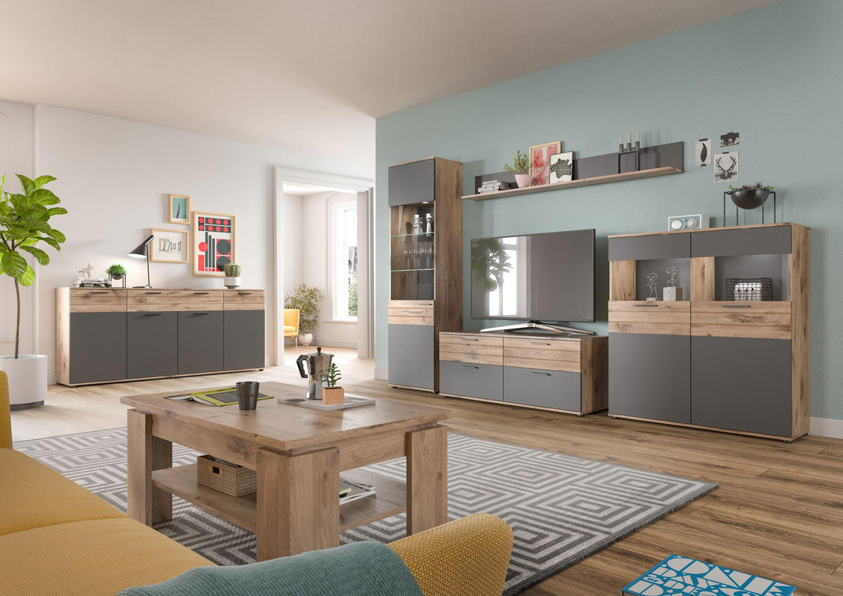 LOWBOARD MASON (B/H/T: ca. 130/53/47 cm) in Nox Oak Nachbildung/Basalt grau - Eichefarben, Holzwerkstoff (130/53/47cm)