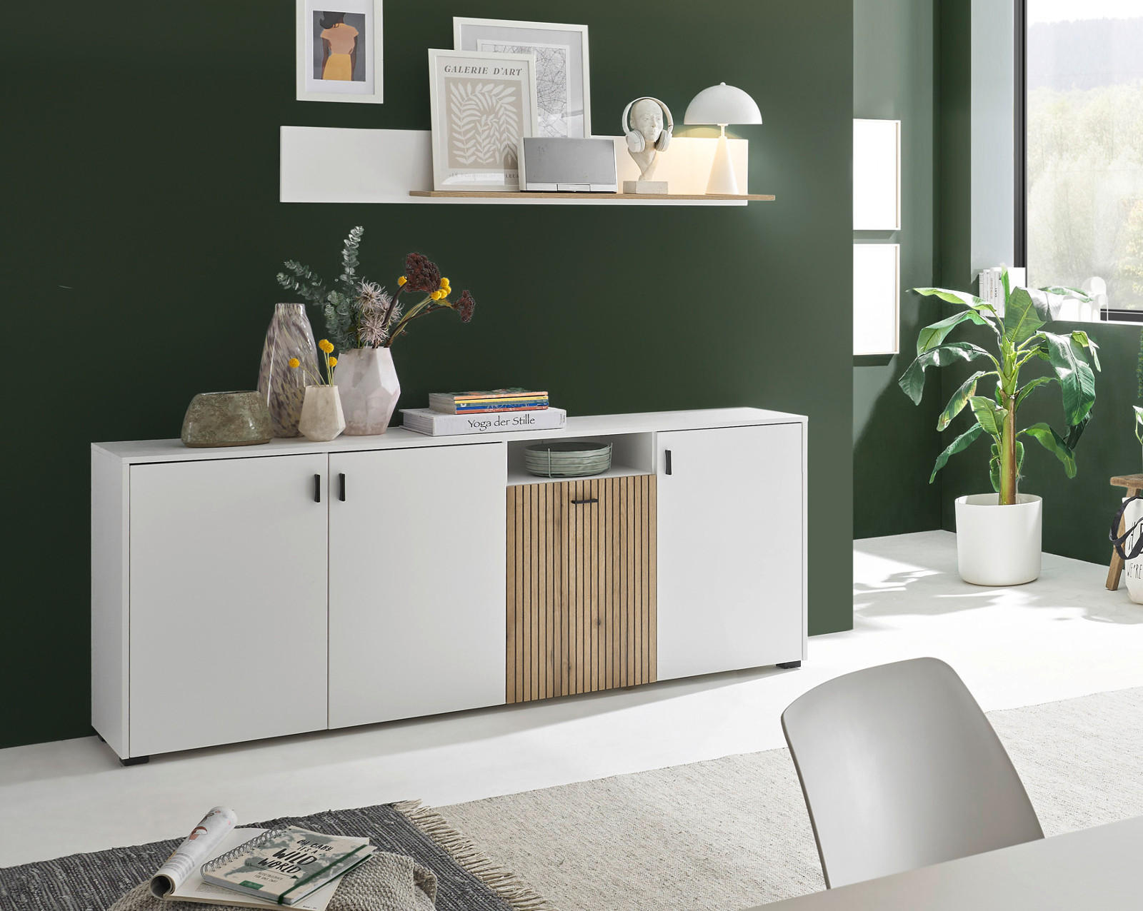 SIDEBOARD weiß matt, Eiche 200 cm, Kommode mit 12 Fächern und Soft-Close - Eichefarben/Schwarz, Holzwerkstoff/Kunststoff (200/80/42cm) - Furn.Design