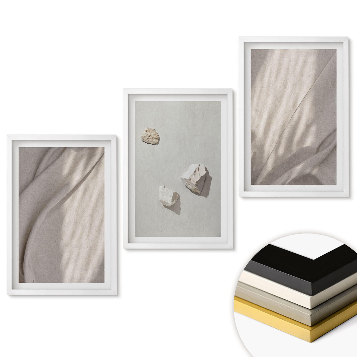 WANDBILDER 3er-Set - 40x60 cm Weißer Rahmen - Nahaufnahmen der Struktur im Boho-Stil - Weiß, Kunststoff (40/60cm) - ArtPrintCave